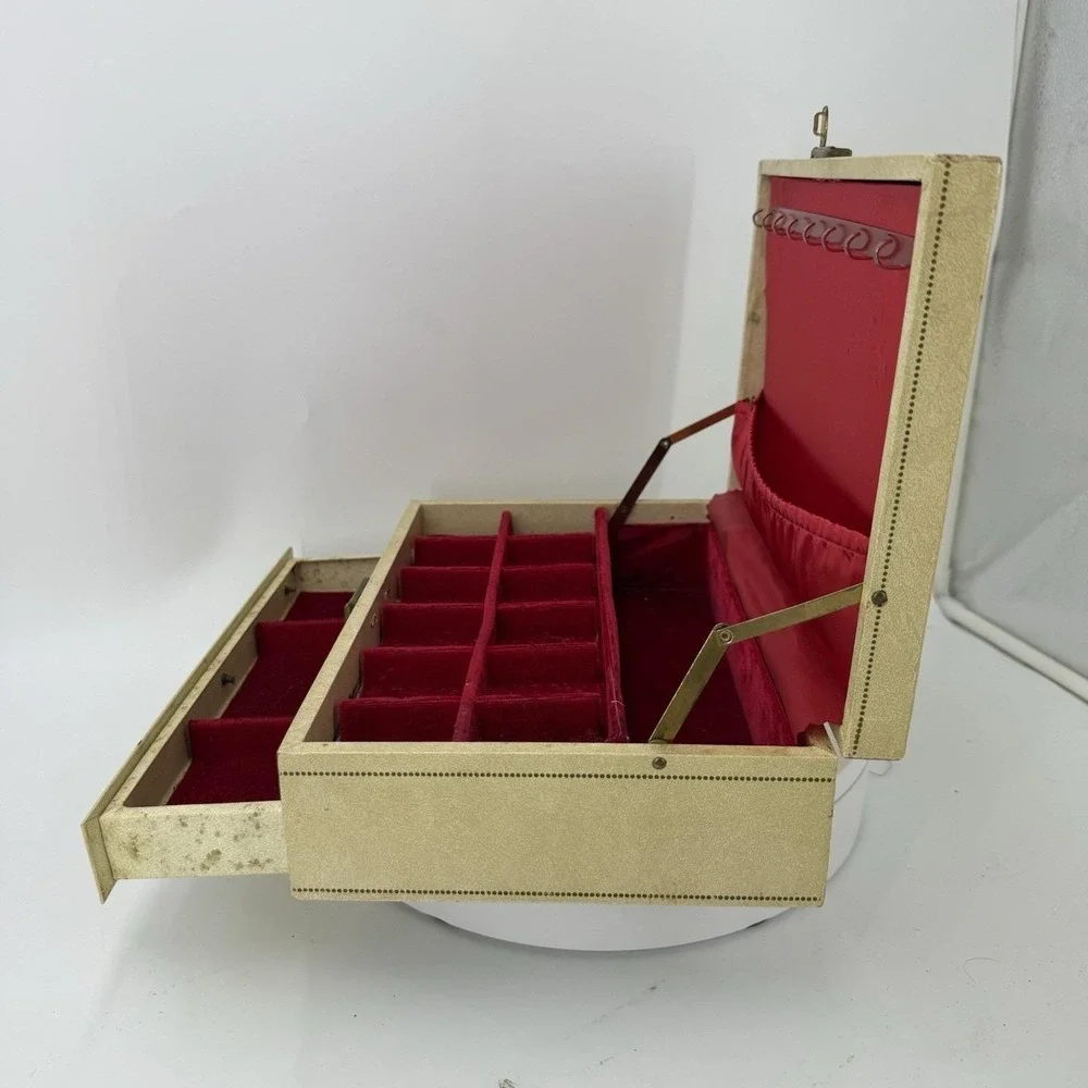 Vintage Mele Jewelry Box 1 Drawer Red Velvet and satin-Faux cream leather w/gold